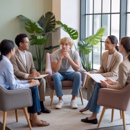 Postdoctoral psychology fellows and supervisors in team meeting discussing CBT, ERP, and ACT approaches for anxiety and OCD treatment in Philadelphia.